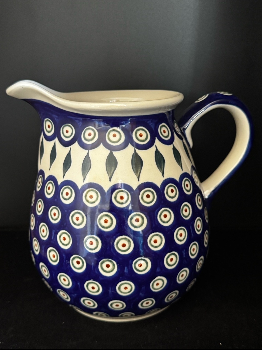 Vintage Polish Pottery Peacock Leaves Pitcher Bubble Round